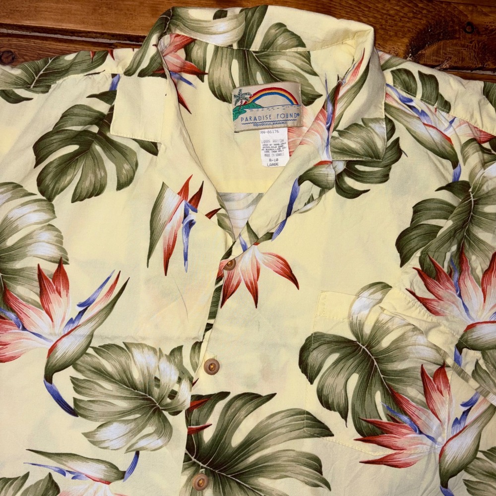Paradise Found Hawaiian Shirt Mens L Yellow Bird of Paradise Monstera Rayon SEE